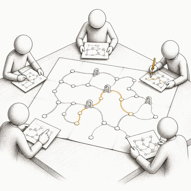 People around a table, each holding a copy of the same map of routes; one of them is drawing a new route.
