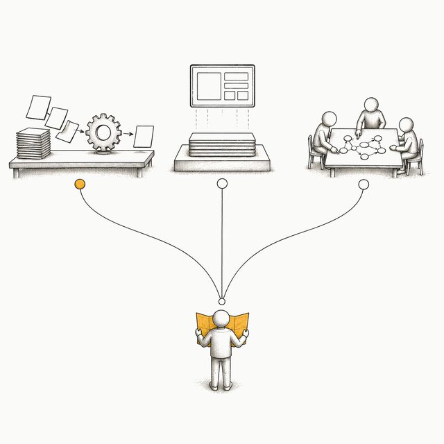 Três rotas saindo de um mesmo ponto: um problema de negócio sendo resolvido, um produto sendo construído e um time aprendendo o método.